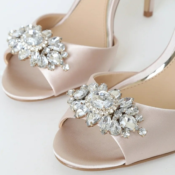 Champagne Satin Rhinestone Ankle Strap Heels - Picture 3 of 9